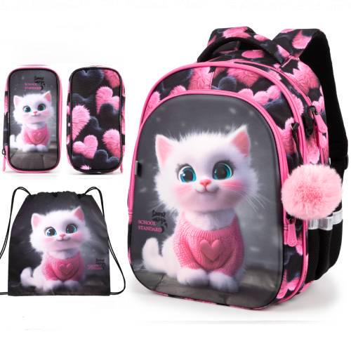 Ортопедический рюкзак с мешком 3 в 1 для девочки School Standard 38х30х18 см с Котом в 1 класс (Full 150-27)