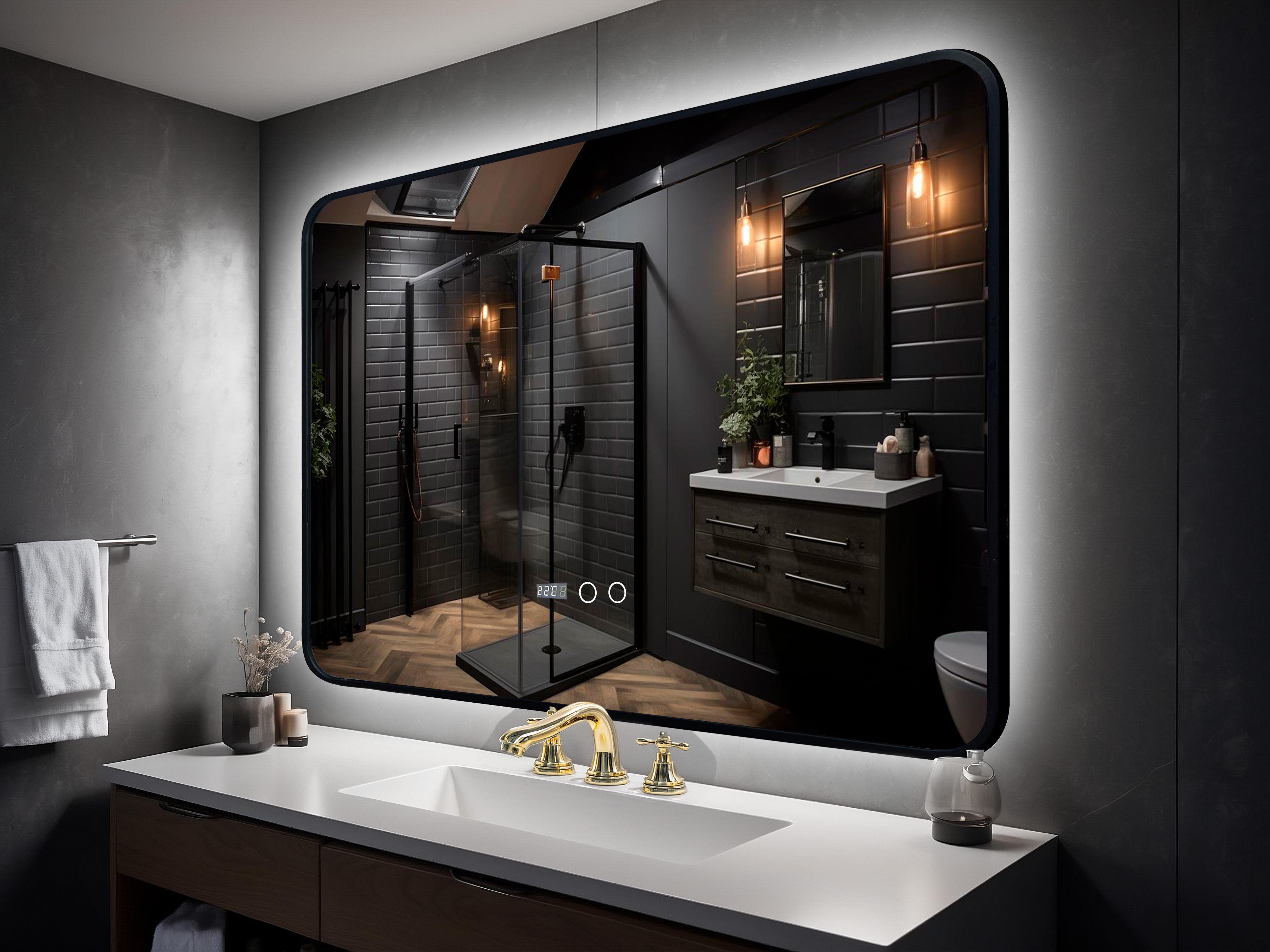 Зеркало для ванной комнаты настенное KAYFOVO с рамкой LED подсветкой/сенсорной смарт панелью/подогревом/информационным дисплеем 80х60 см (334168)