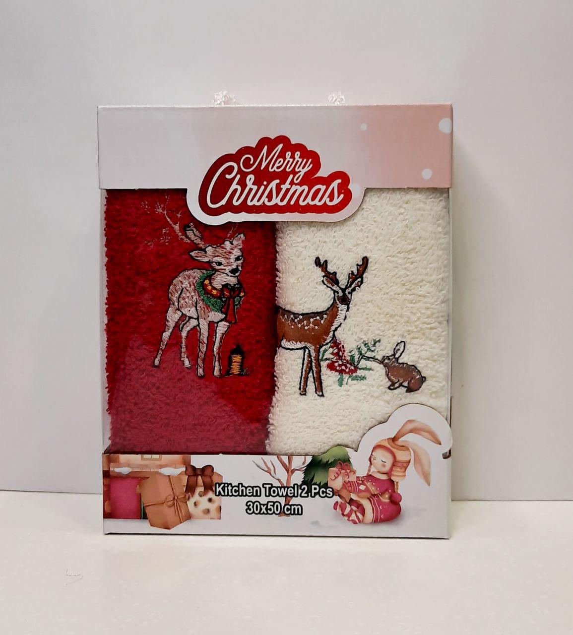 Салфетки для кухни Новогодние Олени 30х50 см 2 шт. Красный/Молочный (1411)
