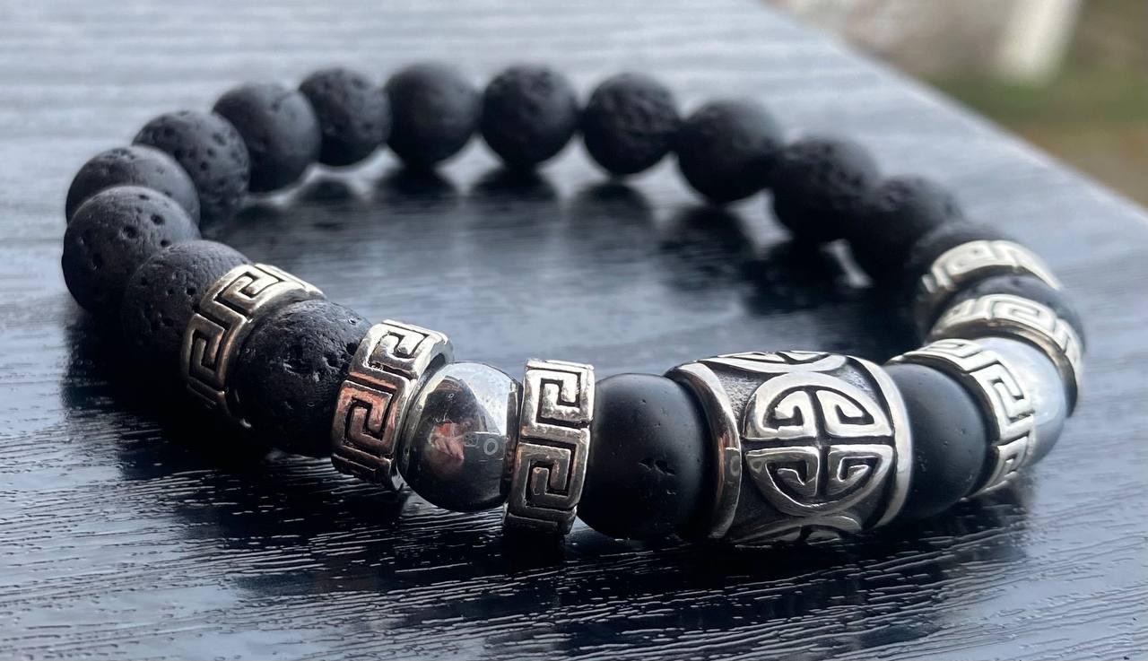 Браслет LITAURS из натурального камня оникс/лавовый камень/гематит с металлическими вставками L 18-21 см (241203-1) - фото 2 Браслет LITAURS из натурального камня оникс/лавовый камень/гематит с металлическими вставками L 18-21 см (241203-1) - фото 2