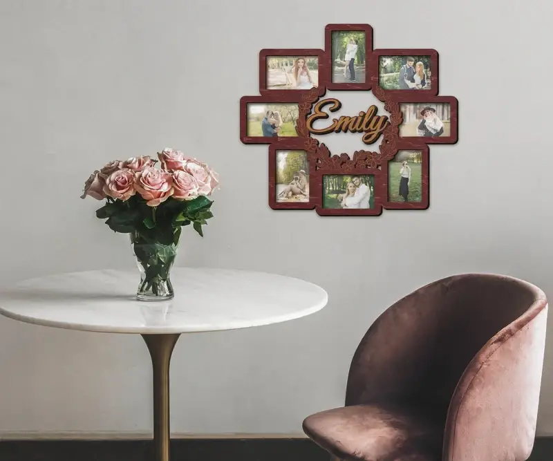 Рамки для фотоколлажа деревянные с цветами на 8 фото Бордовый (flowers_name_collage-3)