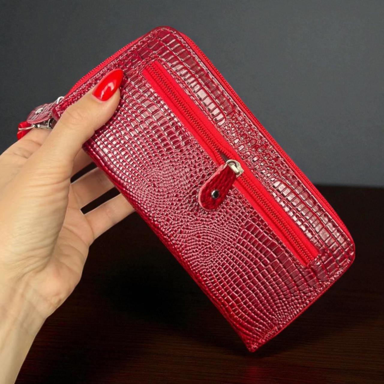 Кошелек женский на молнии большой змеиный принт с эко-кожи Красный - фото 7
