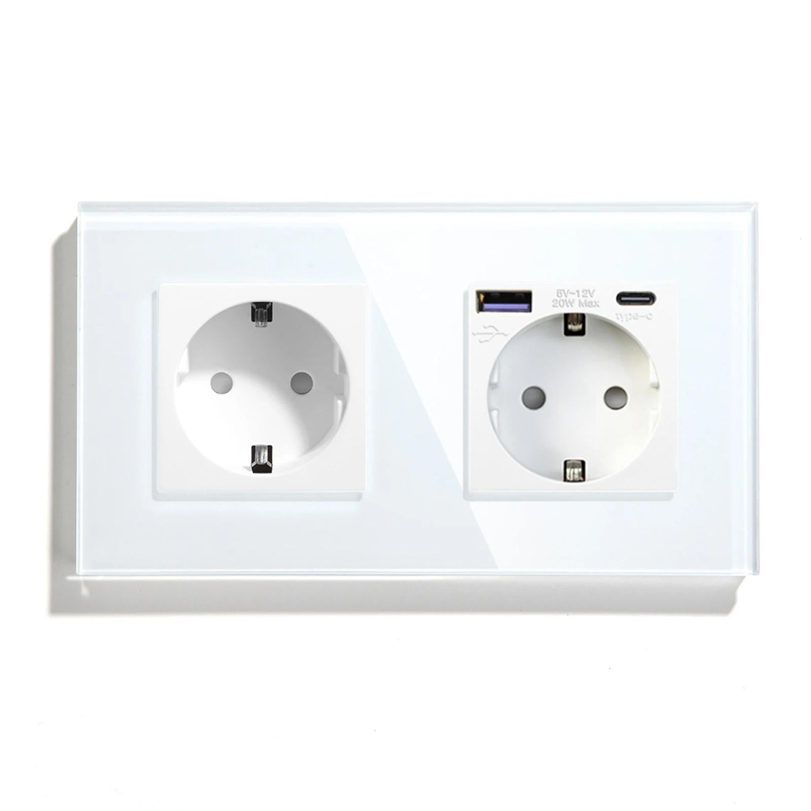 Розетка двойная LUXION с USB A+C 20Вт с заземлением/шторками 250В 16А стеклянная рамка Белый (LX-M2FGAC-WT)