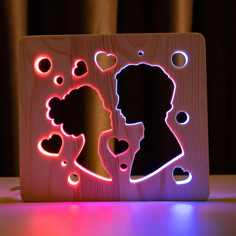 Ночник из дерева ArtEco Light LED RGB Поцелуй с пультом двойной (1020452)