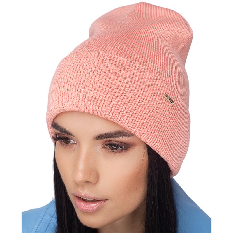 Шапка жіноча Leks ДОМІНО подвійна з підворотом дрібної в'язки One size Кораловий (130627)