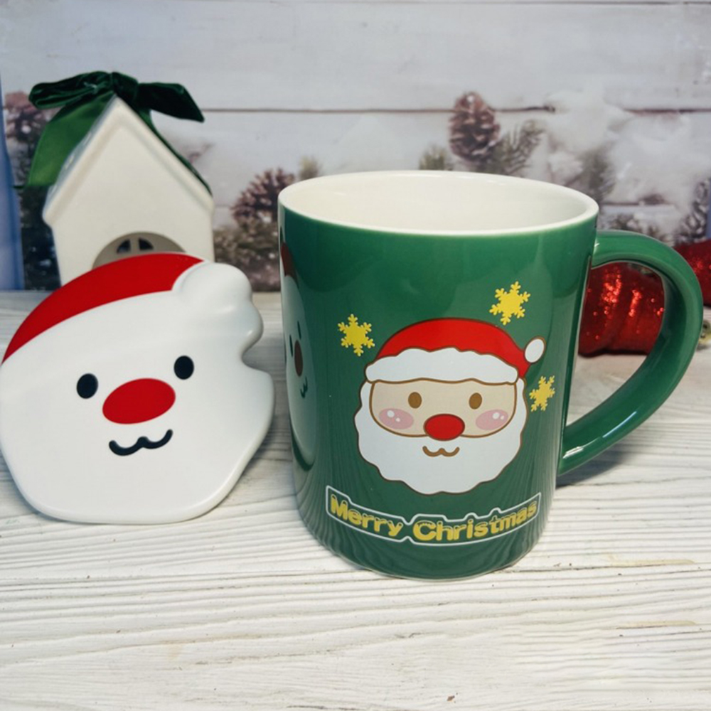 Чашка новорічна з кришкою і ложкою Санта кераміка 380 мл Зелений - фото 9