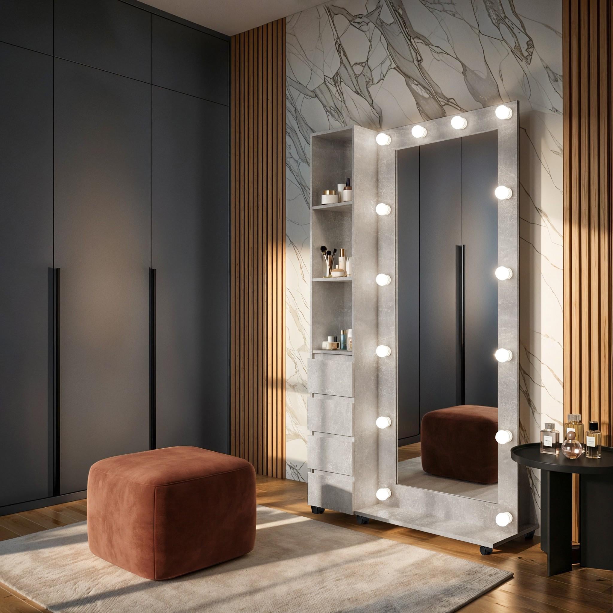 Зеркало напольное с лампочками NRP14 1100x350x1860 мм Бетон (31762631)