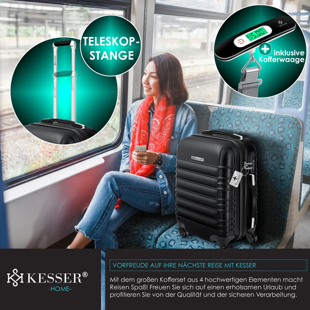 Набір із 4 дорожніх валіз KESSER з твердим корпусом S M/L/XL Чорний - фото 6 Набір із 4 дорожніх валіз KESSER з твердим корпусом S M/L/XL Чорний - фото 6