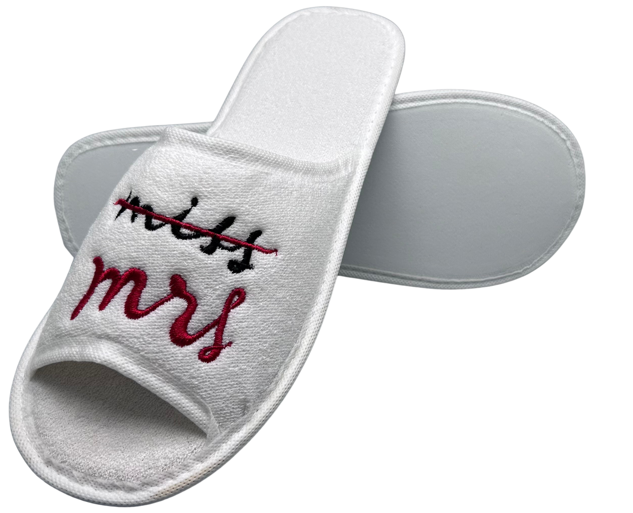 Тапочки свадебные для невесты махровые открытые с надписью «Miss→Mrs» 29 см Белый