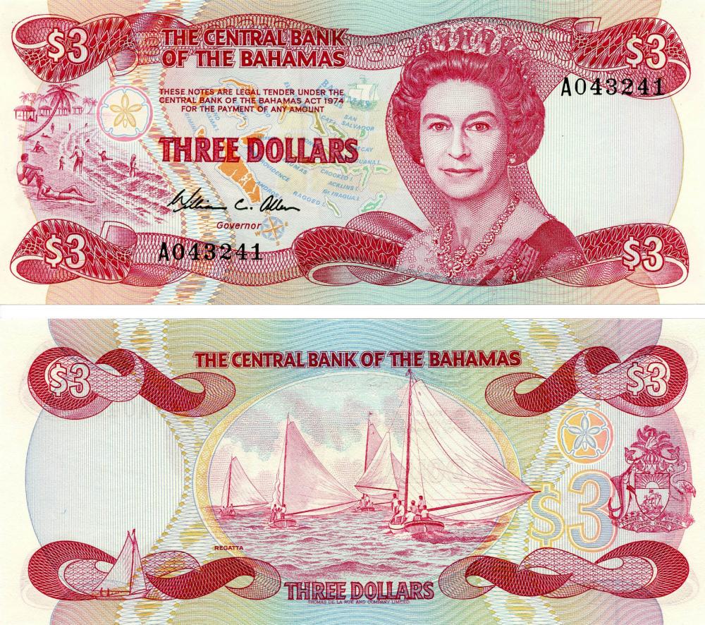Коллекционная банкнота Багамы 3 доллара 1974 UNC P44 (Б03395)