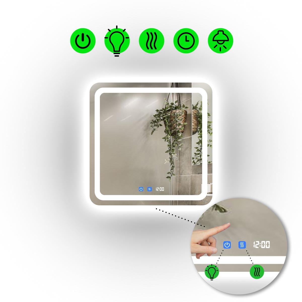 Зеркало с LED подсветкой Anvi с двумя сенсорами и часами 80x80 см (Anvi/800x800/5191/22/1)