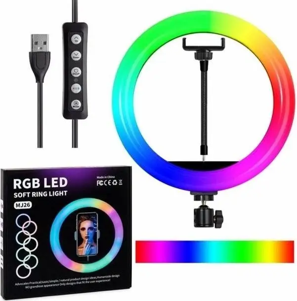 Лампа кольцевая LED RGB MJ26 26 см с креплением для телефона - фото 3