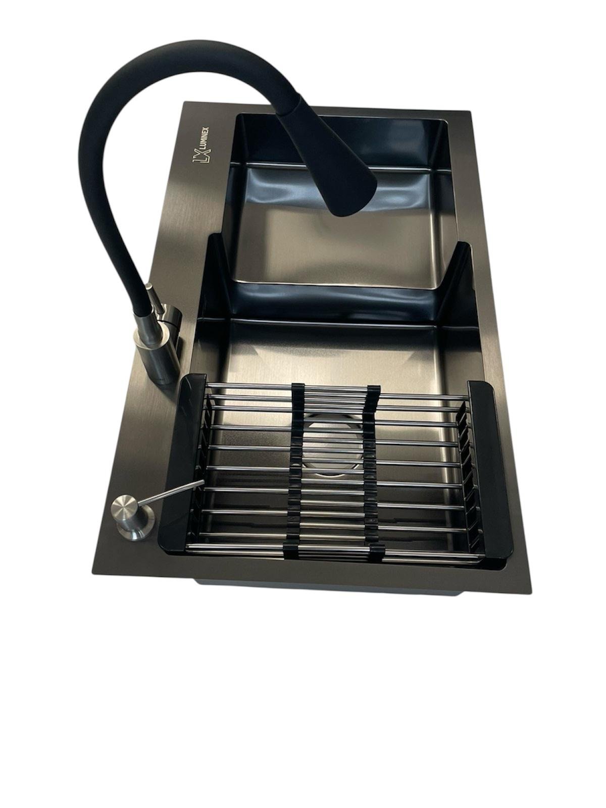 Мойка для кухни левая Luminex 7848 L/смеситель кухонный Aria 015F31 с гибким изливом Черный