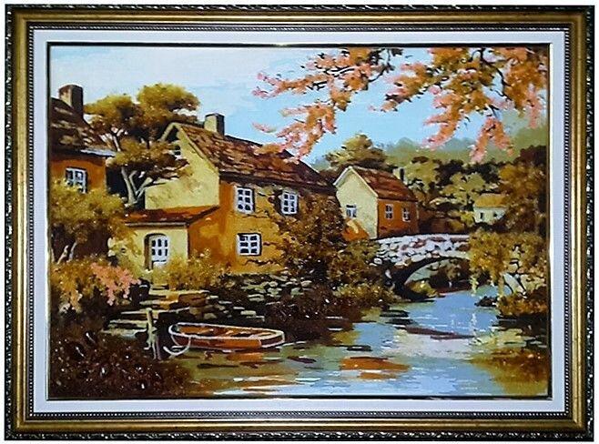 Картина Дома на реке из янтаря 20х30 см (К0141-20х30)