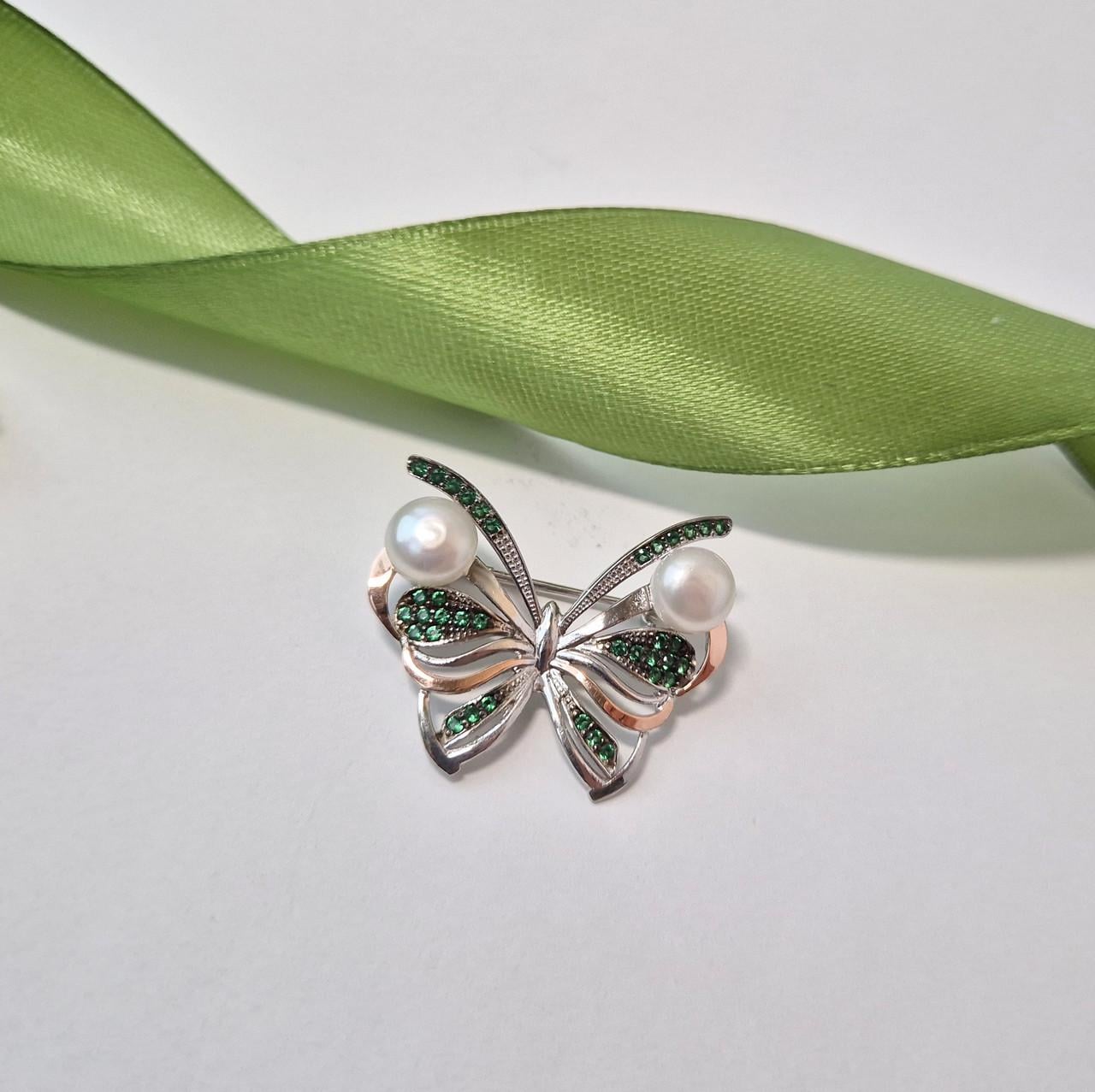 Срібна брошка Метелик з Перлинами та каменями 925 проби родоване/золото 375 (135баб)