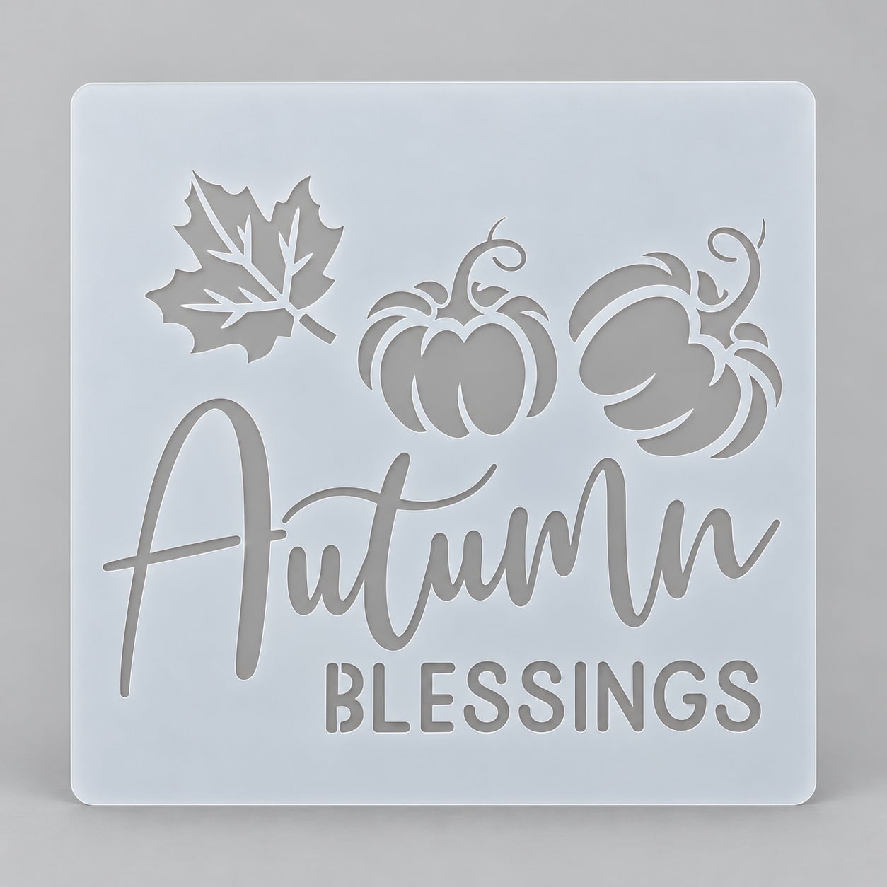 Трафарет для торта з гарбузами та осіннім листям Autumn Blessings для декорування випічки 15x15 см Сірий (218107) Трафарет для торта з гарбузами та осіннім листям Autumn Blessings для декорування випічки 15x15 см Сірий (218107)