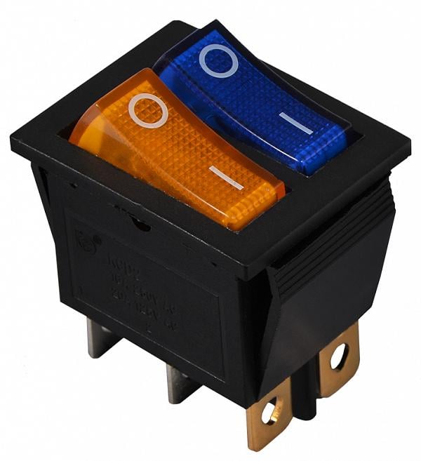 Переключатель АСКО-Укрем KCD2-2101N BL+YL/B 2 клавиши 2NO с подсветкой 28,5 мм 220 V Желтый/Синий неон (A0140040112)