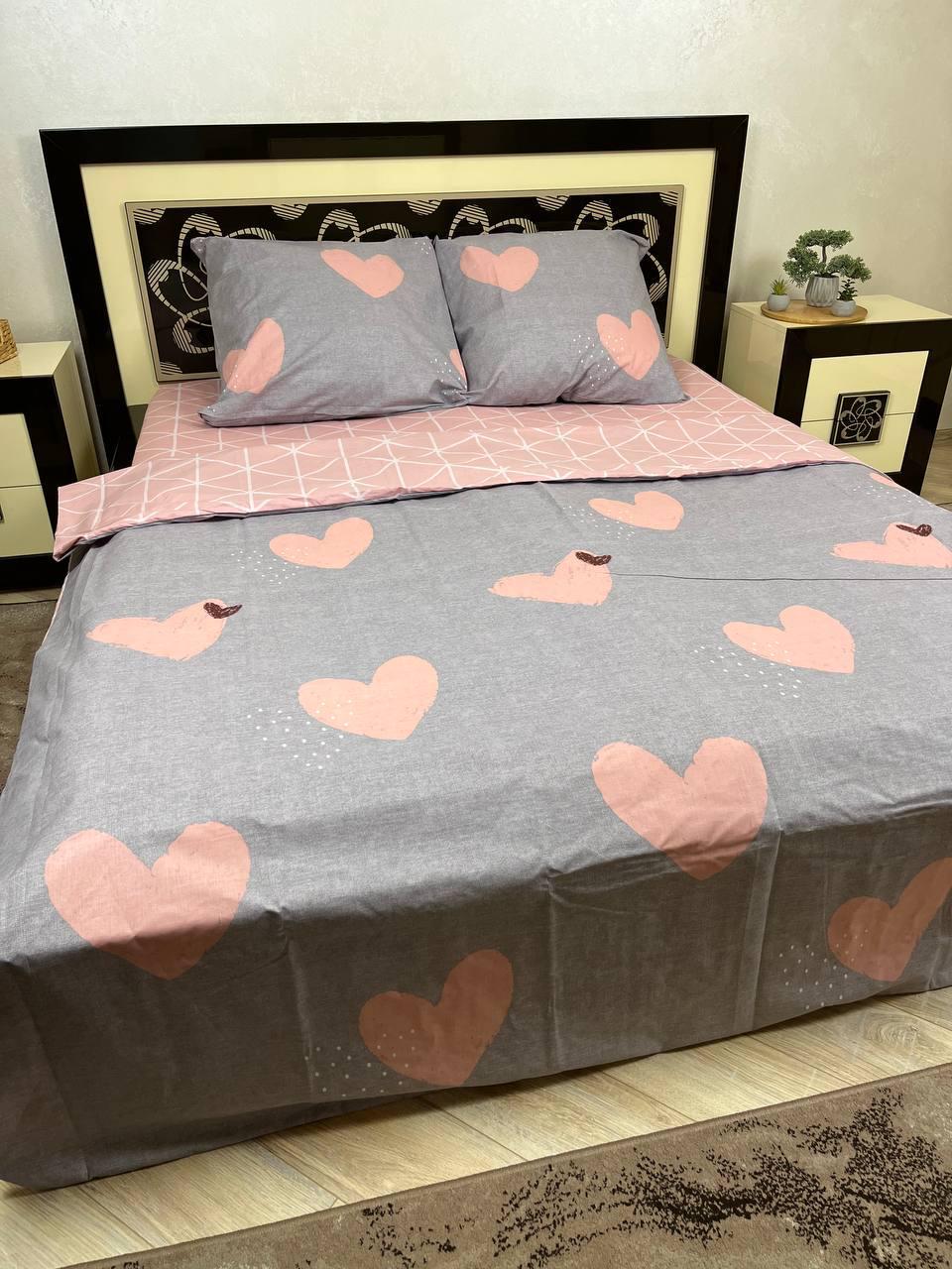 Комплект постельного белья Сердца хлопковый двуспальная 180x220/70х70 см Серый (18002939)