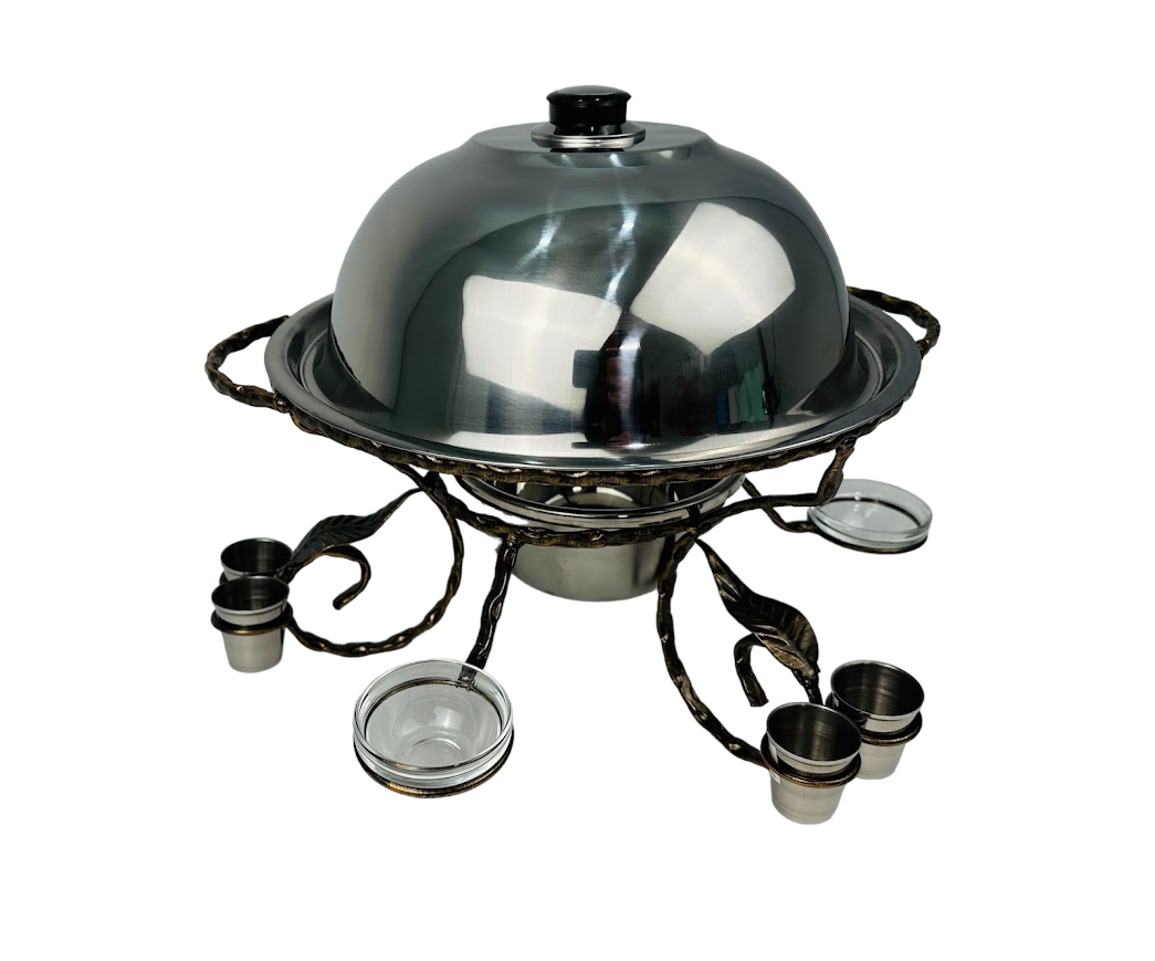 Садж для подачи и подогрева шашлыка с соусницами и рюмками из нержавеющей стали 36 см (106-10-SJ-6567)