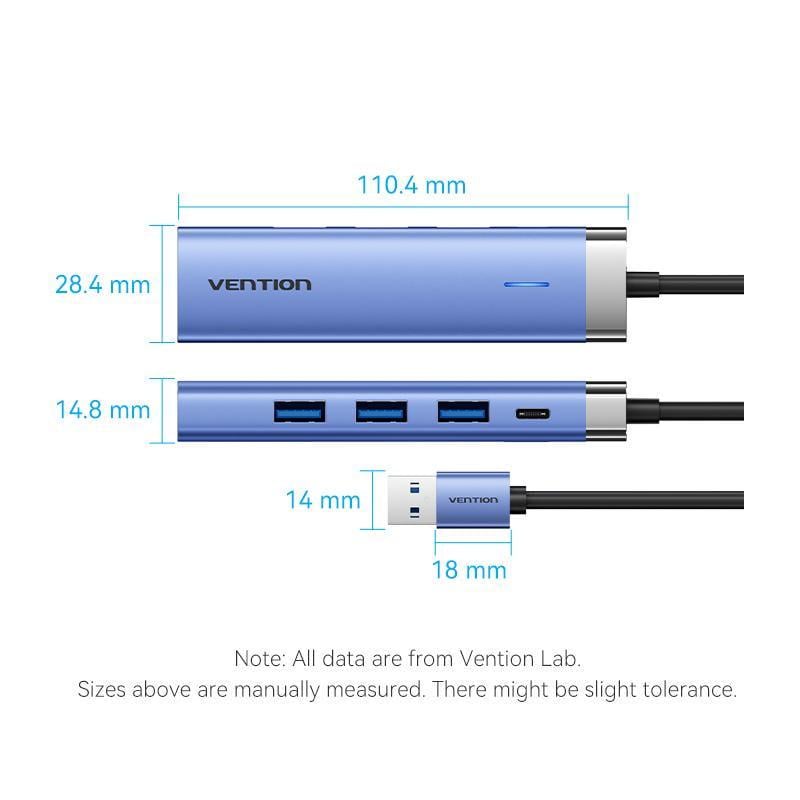 USB-хаб Vention USB-3x USB 3.0/5 Гбіт/с RJ45 1 Гбіт/с Type-C USB-A Синій (TGFSB) - фото 12