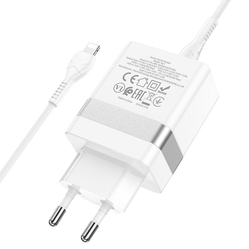 Сетевое зарядное устройство Hoco N21 USB+Type-C 3A 30W с быстрой зарядкой с кабелем Lightning Extension Speed 1 м Белый - фото 3