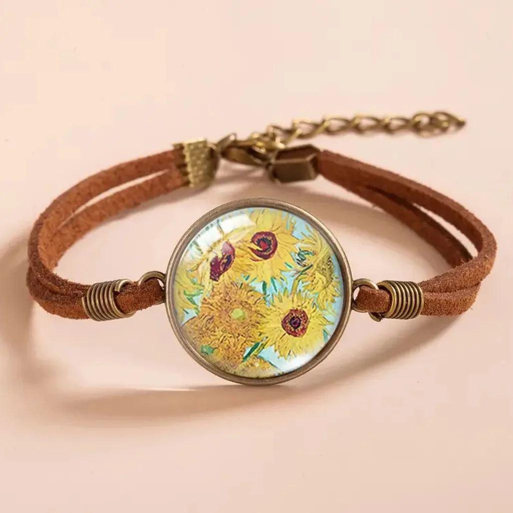 Браслет замшевий із зображення картини Ван Гога Соняхи (00094)