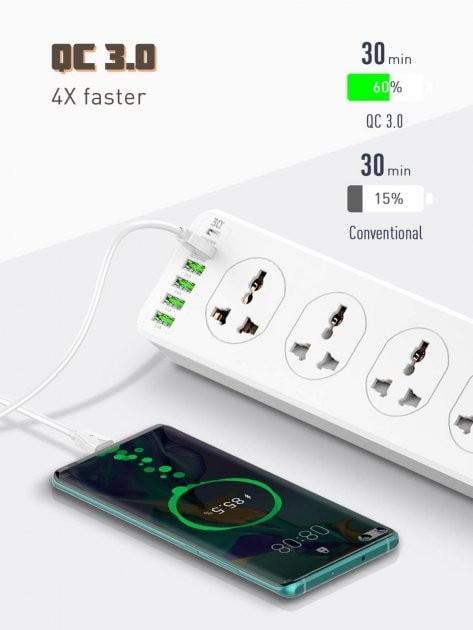 Подовжувач мережевий Ldnio SC10610 5 USB 1 Type-C швидка зарядка Quick Charge 3 2 м 10 розеток White - фото 2