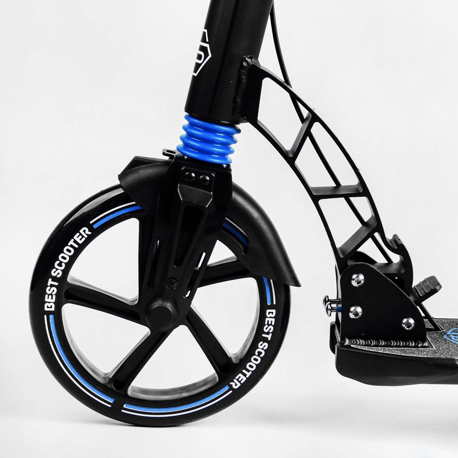 Самокат двухколесный складной Best Scooter фонарик 2 амортизатора дисковый тормоз Black/Blue (114293) - фото 4