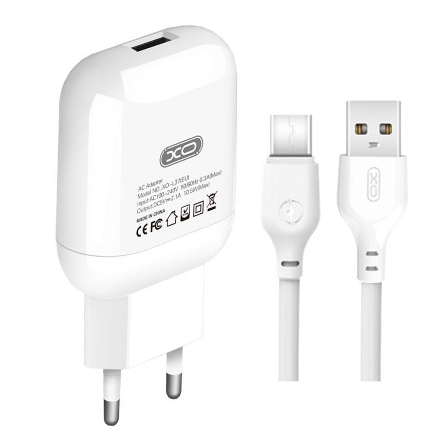 Сетевое зарядное устройство 2в1 Xo L37 1USB/2.1A и Data Cable USB to Type-C White