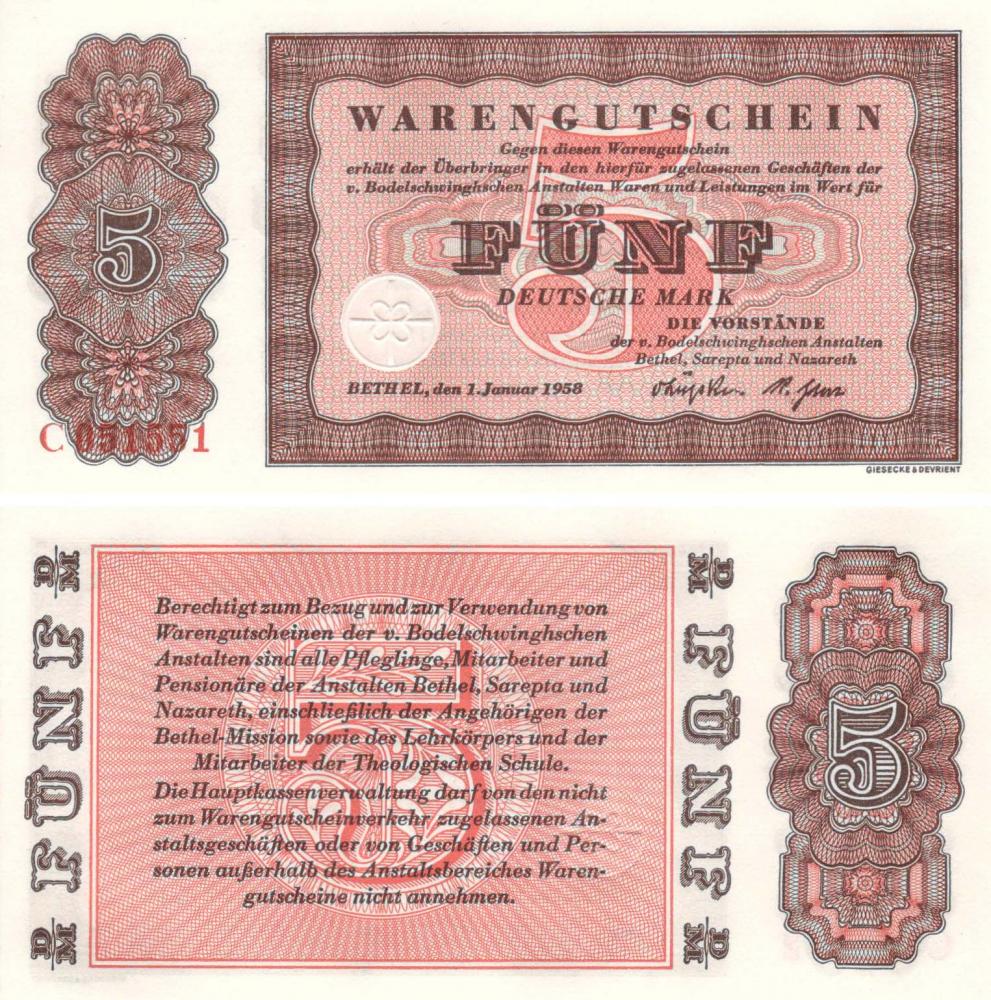 Коллекционная банкнота Германия 5 марок 1958 UNC (Б09120)