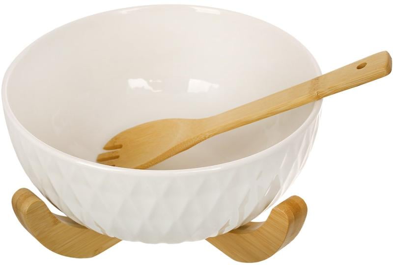 Салатница фарфоровая BonaDi на бамбуковой подставке и салатной ложкой 3 л