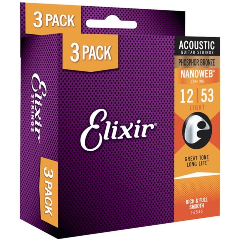 Струны для акустической гитары Elixir Nanoweb Phosphor Bronze 16545 12-53 3 комплекта (128609)