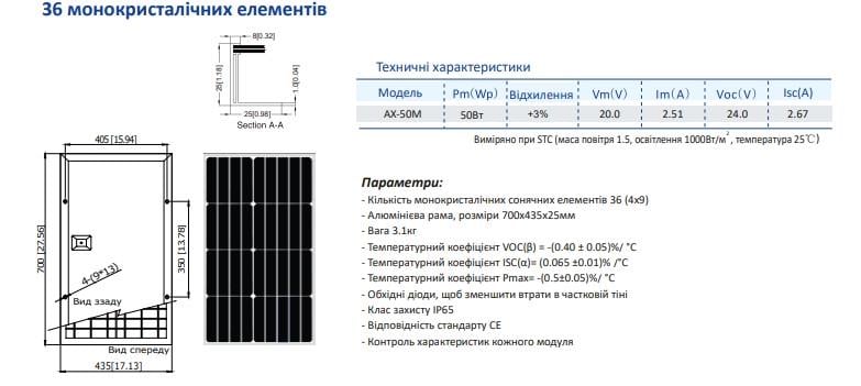 Сонячна панель Axioma Energy монокристалічна AX-50M 50 Вт (730936662) - фото 2