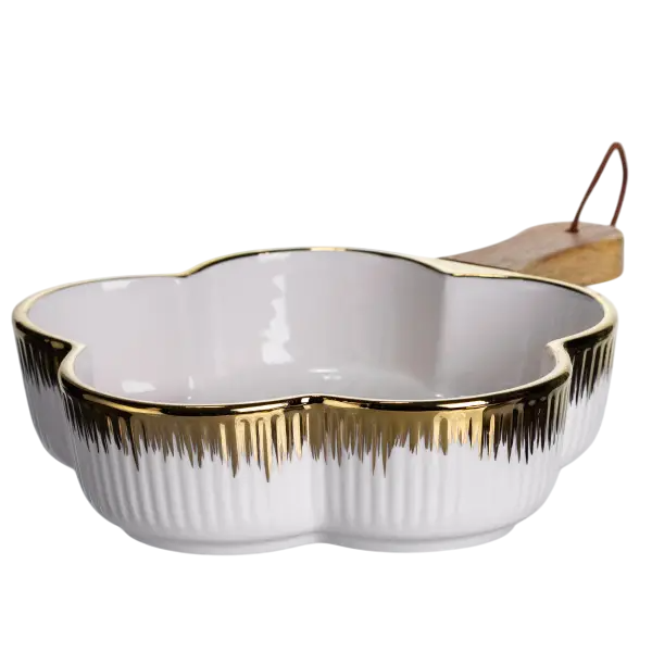 Тарілка для сервірування Flower порцелянова з дерев'яною ручкою 800 мл Золотистий (147-107-ZJH-13-2)