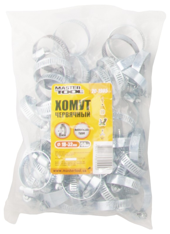 Хомут червячный оцинкованный MasterTool American type 8,0 мм Ø 18-32 мм 50 шт. (20-1905) Хомут червячный оцинкованный MasterTool American type 8,0 мм Ø 18-32 мм 50 шт. (20-1905)