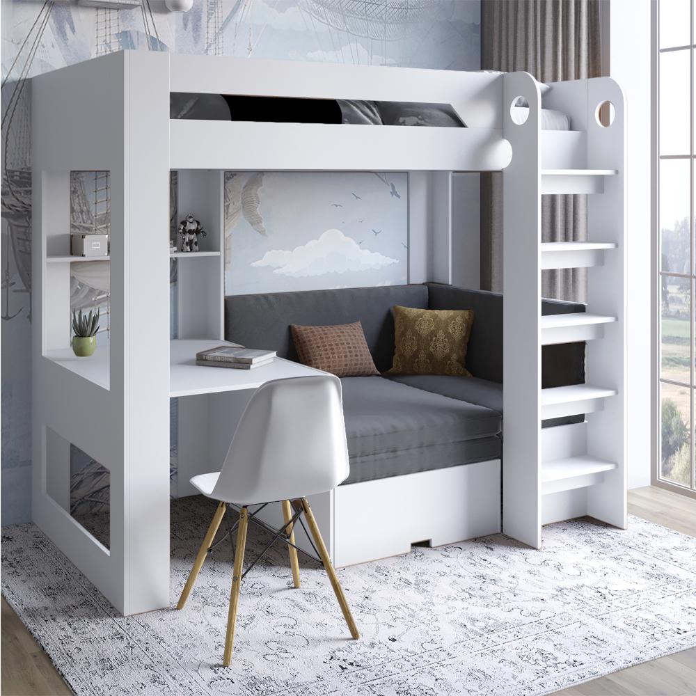Кровать детская двухъярусная со встроенным столом Флай 1964x1114x1780 мм Белый/Донна Лайт 18 (LION-041643)