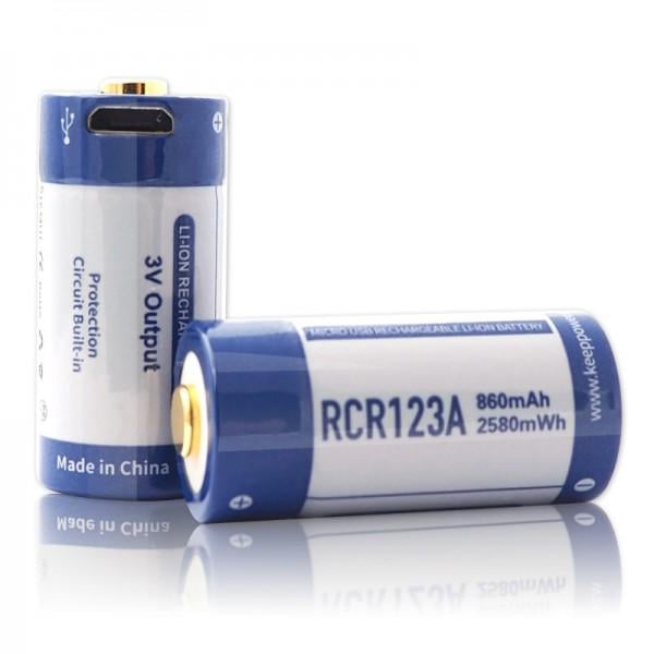 Аккумулятор с microUSB Keeppower RCR123A Li-ion 3,0 В/860 mAh Синий/Белый
