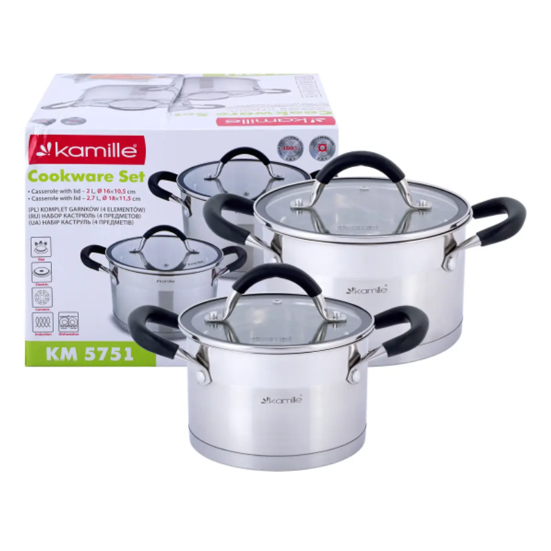 Набор кастрюль Kamille KM-5751 нержавеющая сталь для индукции и газа 4 предмета 2,0/2,7 л (NA002038)