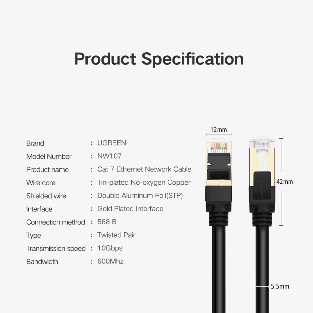 Кабель UGREEN патч-корд NW107 Cat7 F/FTP 10Gb Round Ethernet Cable 15 м Black (11274) - фото 8