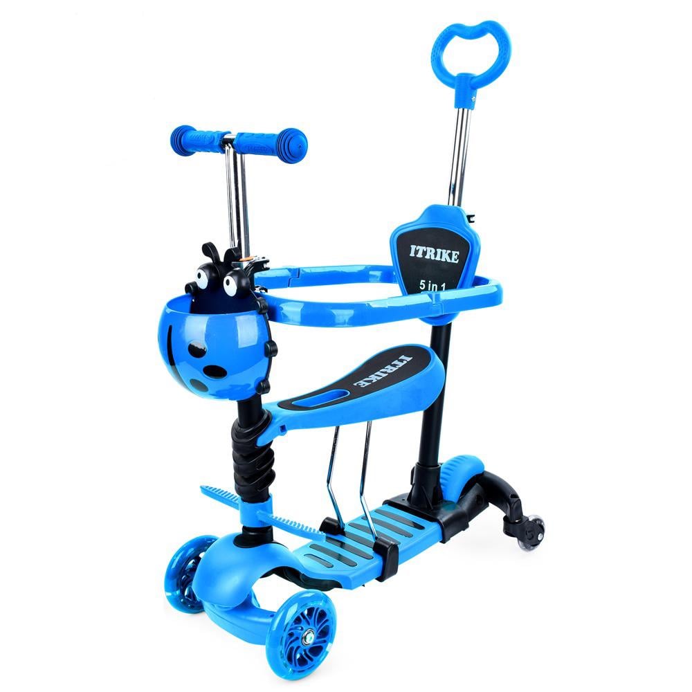 Самокат детский iTrike от 1 года трехколесный со светящимися колесами унисекс с сидением Голубой (DS-171-S-129)