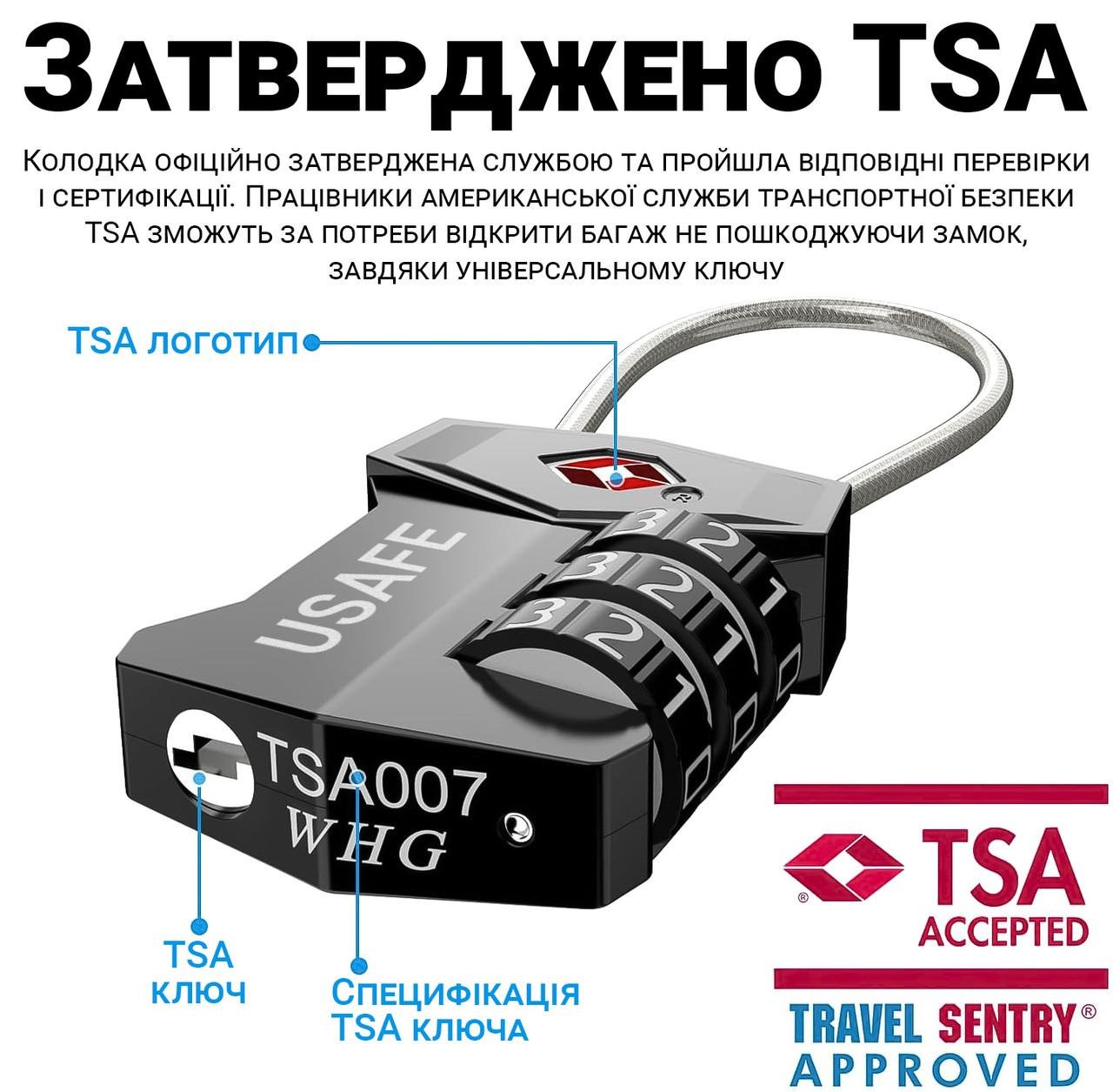 Замок подвесной USafe CP-04-TSA для багажа с гибким тросом с 3-значным кодом и ключом TSA - фото 6