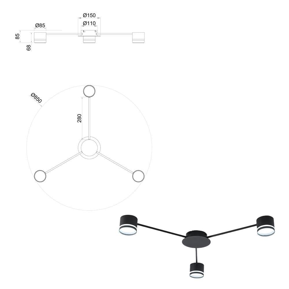 Люстра ESLLSE GUSTAV 3xGX53 R з 3 лампами 850x85 мм Чорний (10489-1) - фото 6 Люстра ESLLSE GUSTAV 3xGX53 R з 3 лампами 850x85 мм Чорний (10489-1) - фото 6