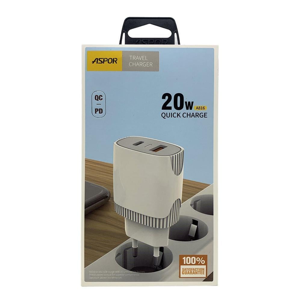 Зарядное устройство для телефонов Aspor A816 20W USB/USB-C QC Белый (557-925126)