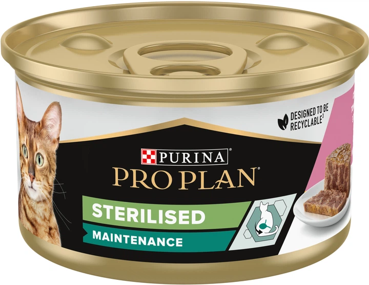 Корм вологий для стерилізованих котів консервований Purina Pro Plan Veterinary Diets Sterilised паштет із шматочками тунця і лосося 85 г (73287)