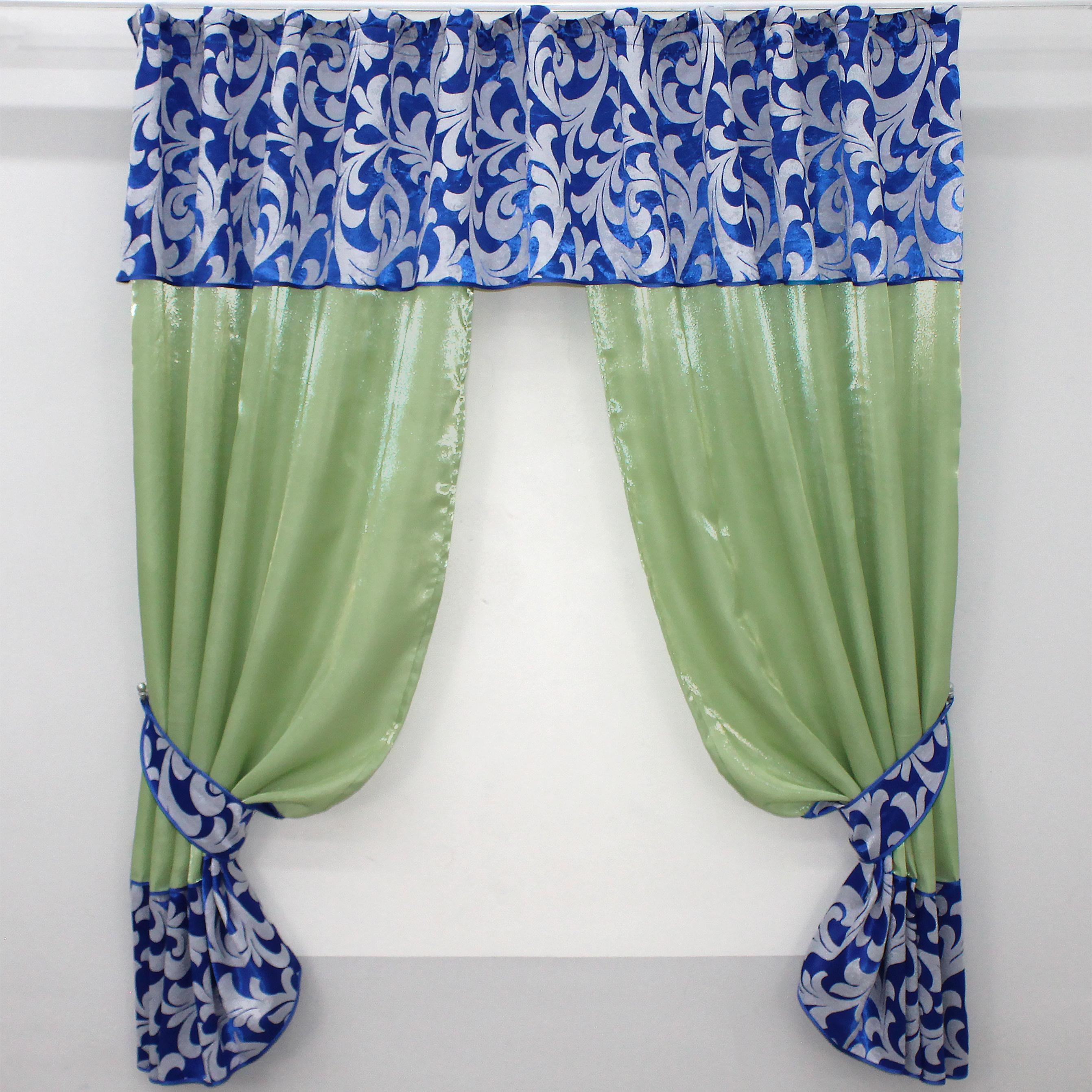 Шторы кухонные VR-Textil № 073к с ламбрекеном и подхватами 270х170 см Светло-оливковый/Синий (52-0474)