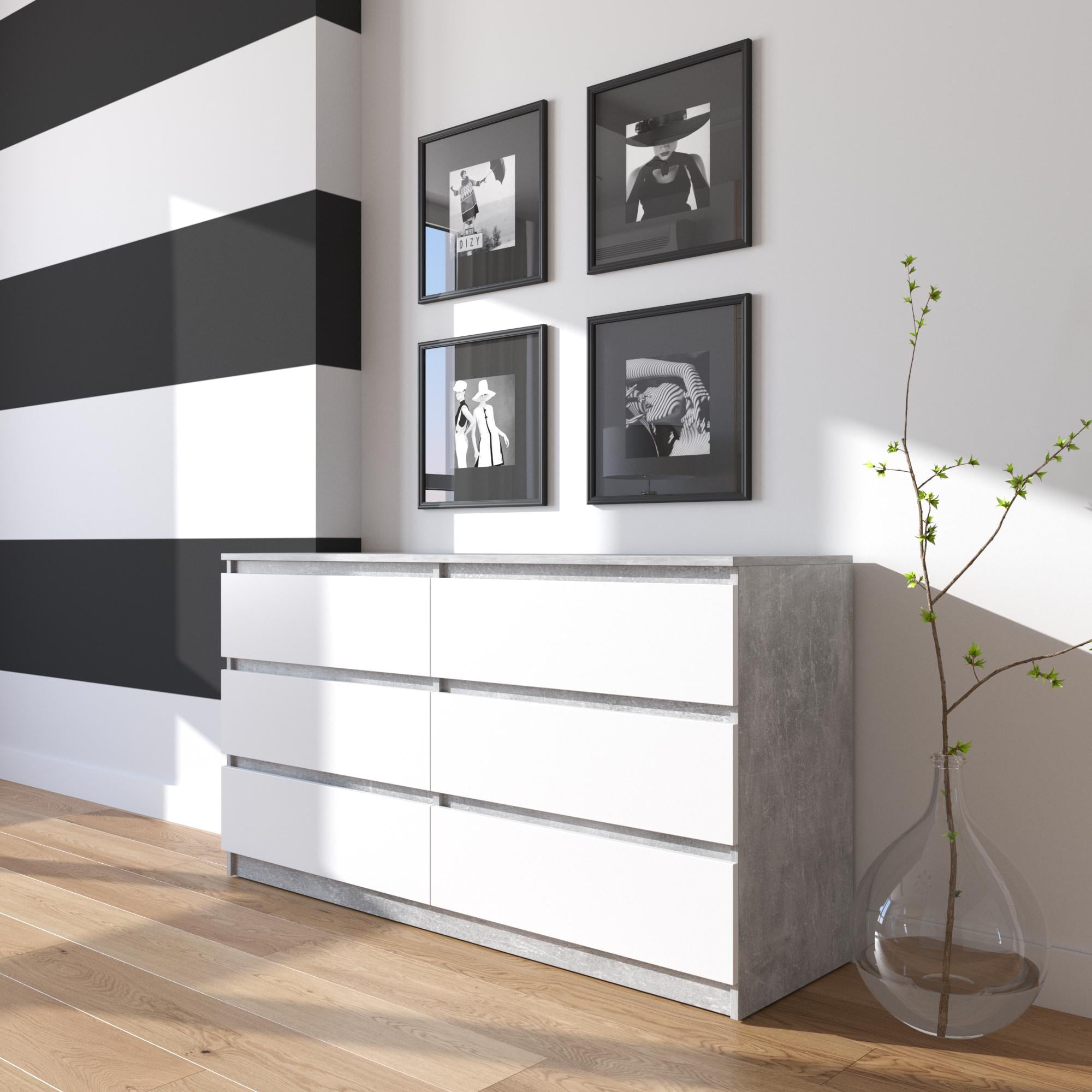 Тумба для ТВ с фасадами без ручек 140х75х40 см комод на 6 выдвижных ящиков Бетон/Белый (R-7)