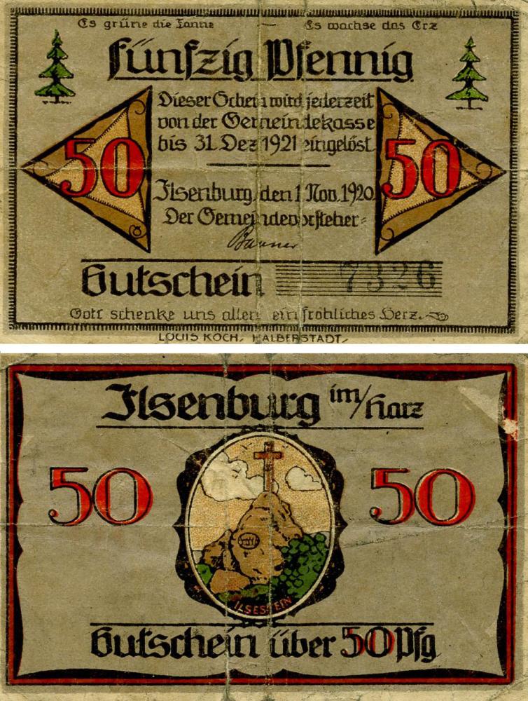 Коллекционная банкнота Германия Нотгельд 50 пфеннигов 1920 F-VF Ильзенбург (Б18669)