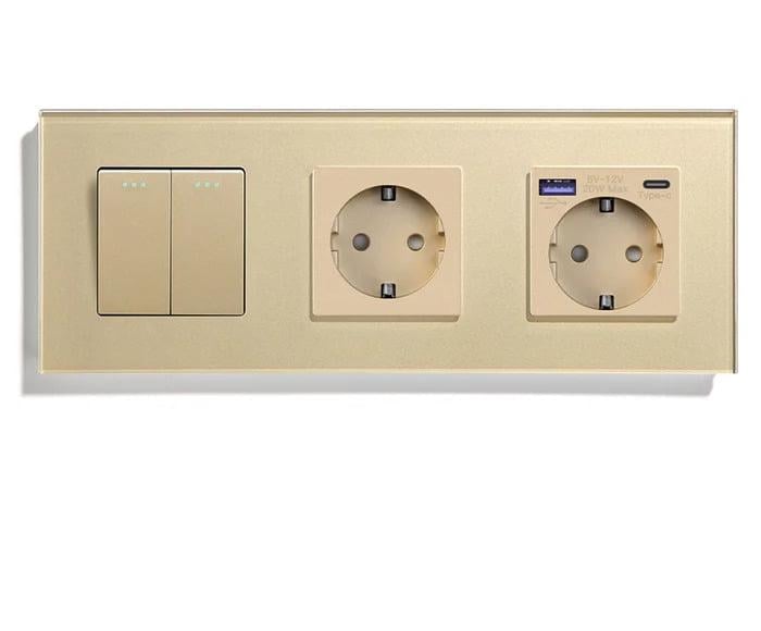 Выключатель универсальный LUXION проходной 2-клавишный с розеткой USB A+C 20Вт с заземлением стекло Золотой