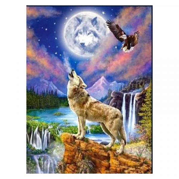 Алмазная мозаика TK Group Волк под луной на водопаде 40х30 см с рамкой в коробке (GB77027-mt)