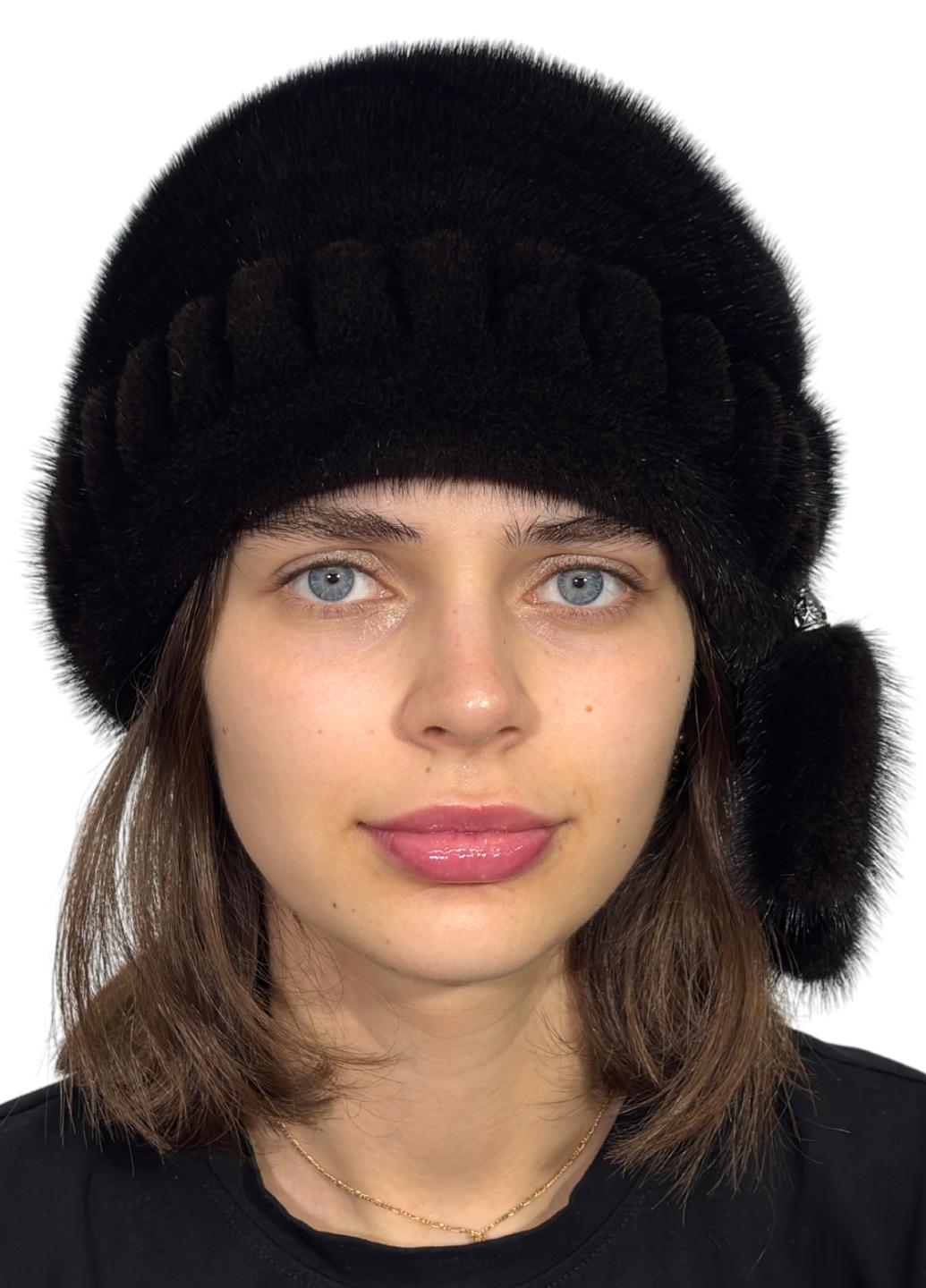 Женская кубанка Меховой стиль Шарик роза из натурального меха норки M-L Коричневый (049/E)